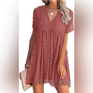 MIHOLL Women's V Neck Short Sleeve Ruffle Loose Summer Flowy Mini Dress